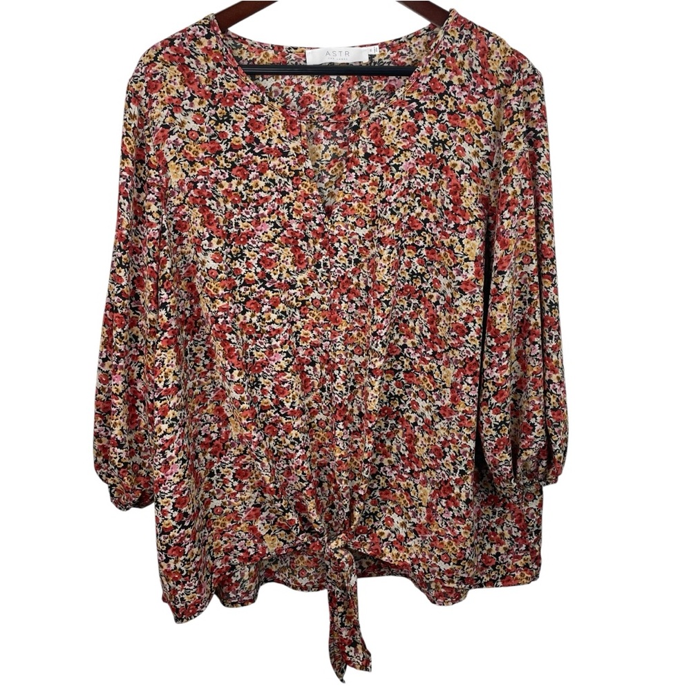 ASTR The Label | Red Orange Floral Tie Waist Top